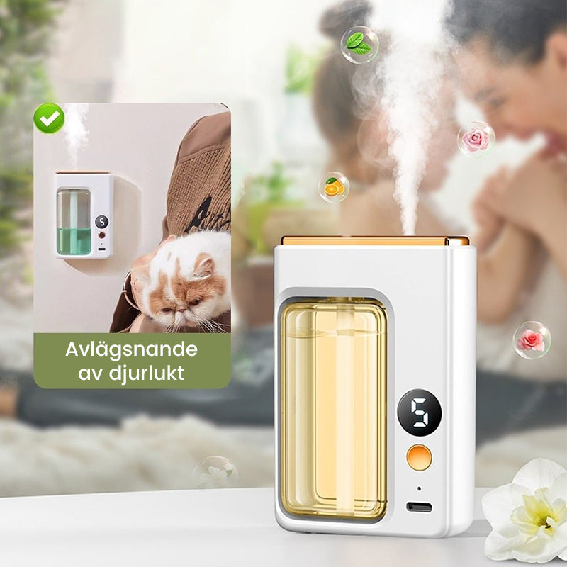 "Modern, kompakt automatisk aromaterapidiffusor, vit och stilren, för optimal doftspridning och lugn atmosfär."