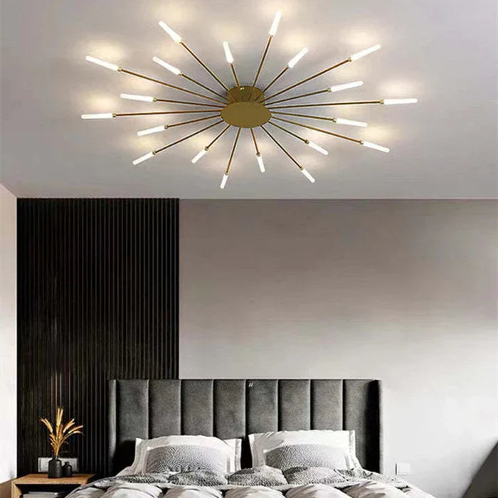 Elegant svart taklampa med solstrålar, modern LED-belysning för hemmet.