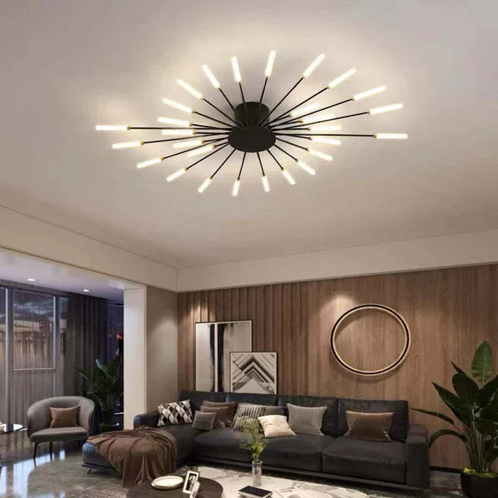 Modern taklampa med solstrålar, LED för vardagsrum. Guldfärgad designlampa.