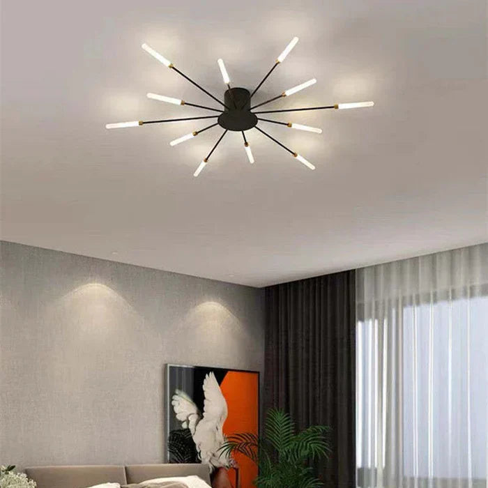 Guldfärgad modern LED taklampa, solstråledesign. Ljusfylld atmosfär kontor.