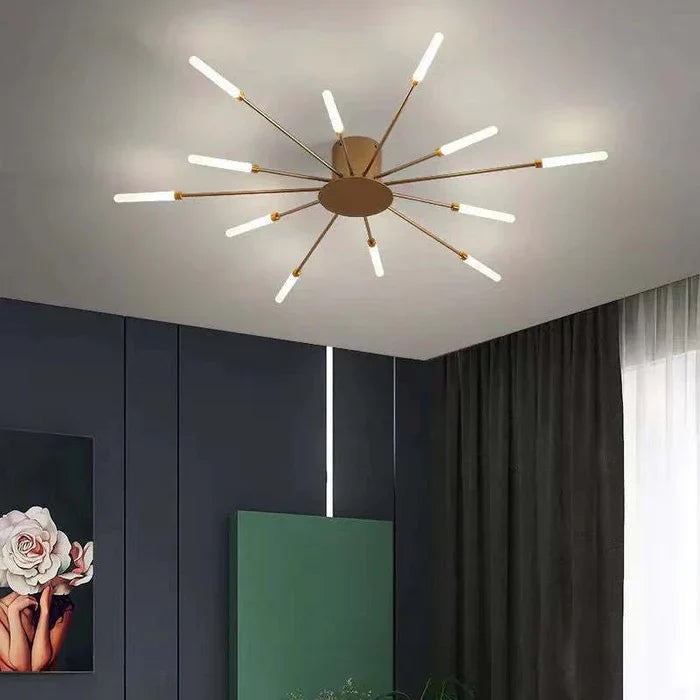 Dimbar LED taklampa, solstråledesign. Svart finish, perfekt för inredning.
