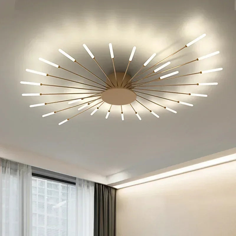 Stilren taklampa med solstrålar, svart LED belysning för modern inredning.