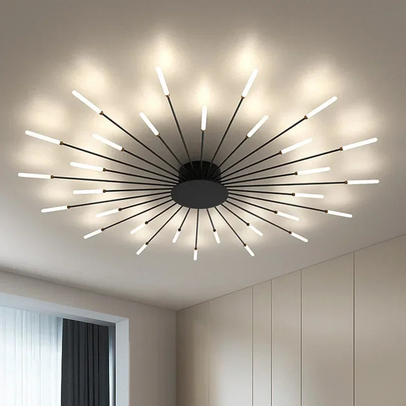 Energieffektiv LED-taklampa, solstråledesign. Ljusfylld atmosfär i kontor.