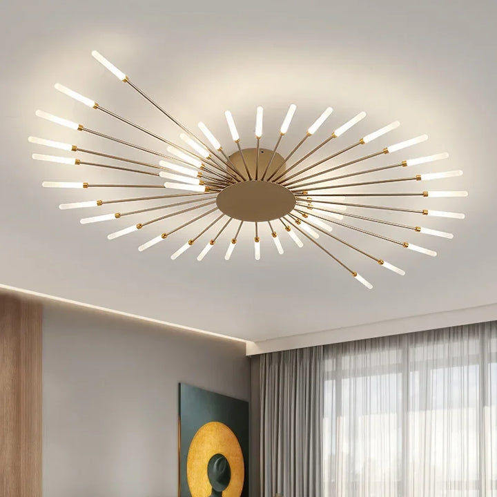 Modern designlampa, LED-taklampa med solstrålar. Svart finish.