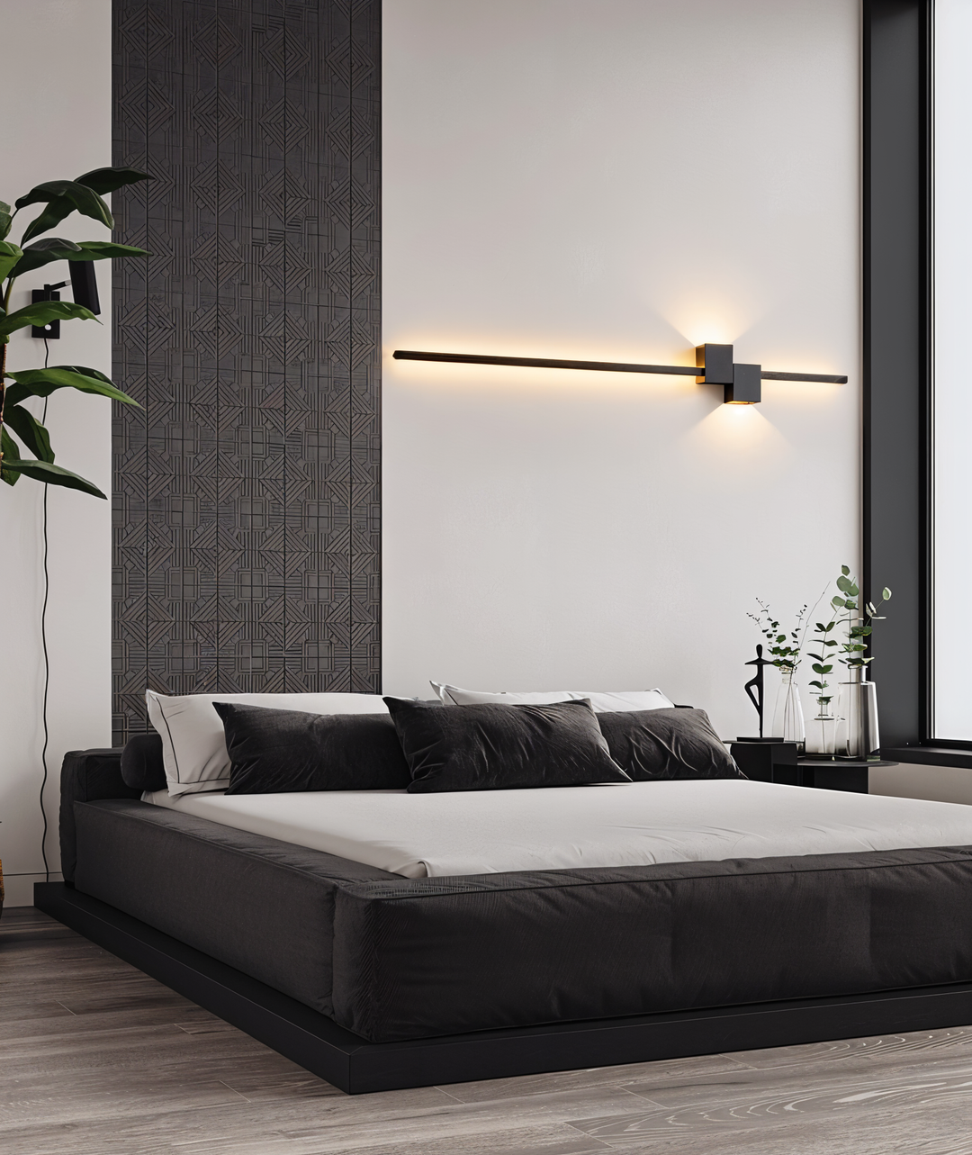 Modern LED vägglampa i sovrum. Skapar lugn atmosfär med stilren inomhusbelysning.