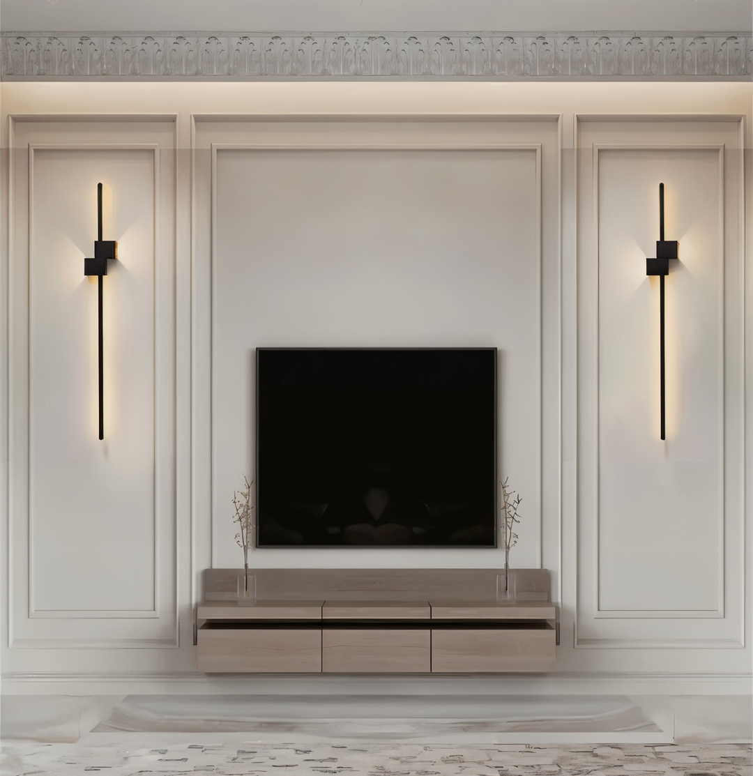 Horisontell LED vägglampa, modern belysning som skapar mysig atmosfärsbelysning.