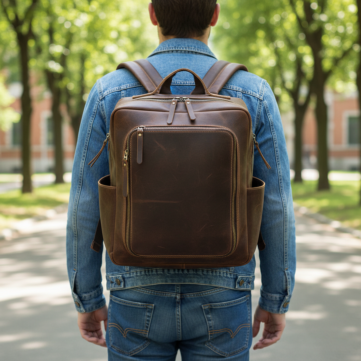 Modern LuxeBackpack ryggsäck i Crazy Horse läder. Perfekt stöldskyddad laptopväska för vardagsbruk och pendling.