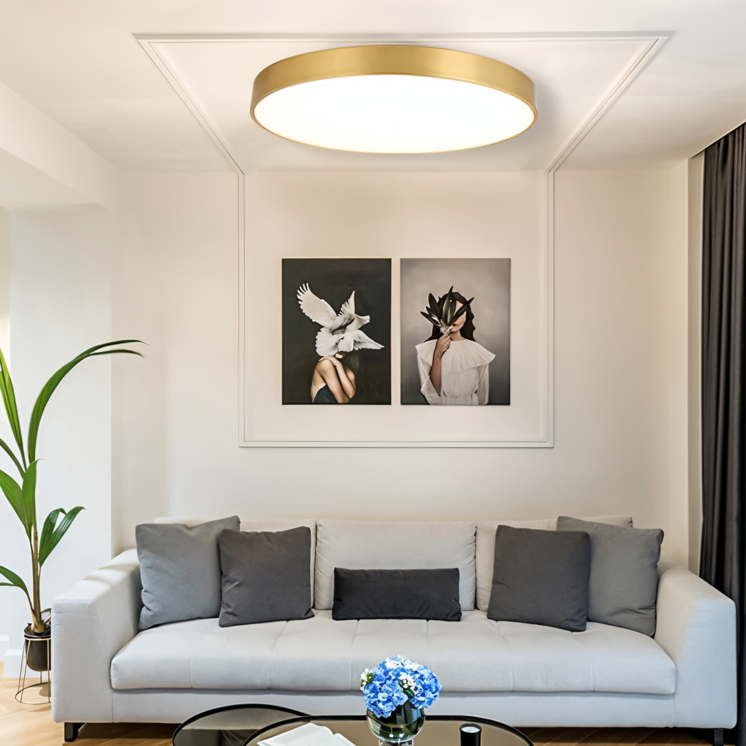 Energieffektiv modern LED taklampa, rund och stilren design för heminredning.