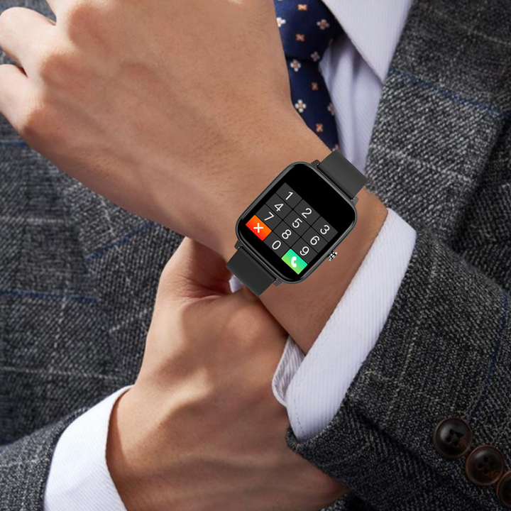 Modern smartklocka med elegant design i svart, rosa eller grön, perfekt för hälsa och fitness, sett framifrån.