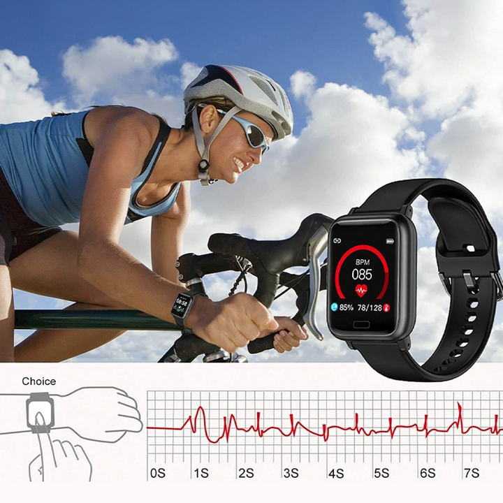 Modern smartklocka med elegant design i svart, rosa eller grön, perfekt för hälsa och fitness, sett framifrån.