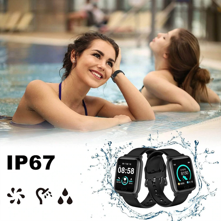 Modern smartklocka med elegant design i svart, rosa eller grön, perfekt för hälsa och fitness, sett framifrån.