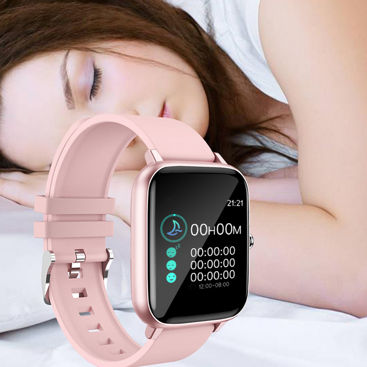 Modern smartklocka med elegant design i svart, rosa eller grön, perfekt för hälsa och fitness, sett framifrån.