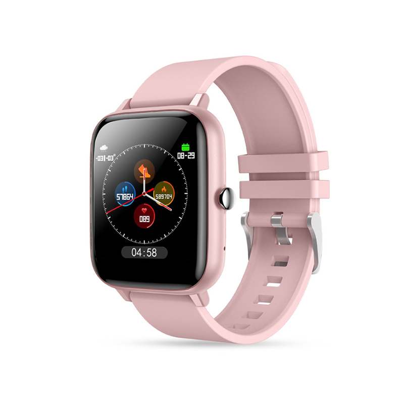 Modern smartklocka med elegant design i svart, rosa eller grön, perfekt för hälsa och fitness, sett framifrån.