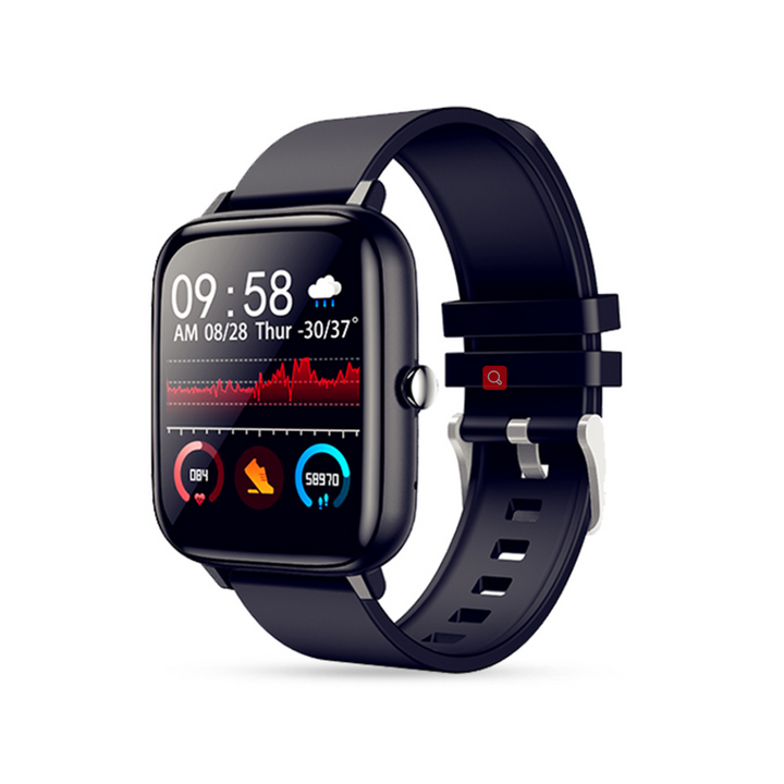 Modern smartklocka med elegant design i svart, rosa eller grön, perfekt för hälsa och fitness, sett framifrån.