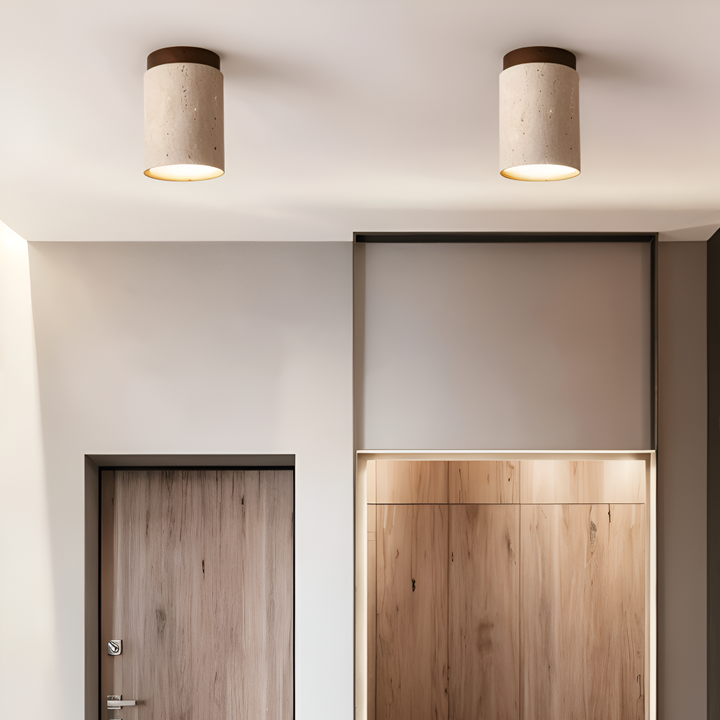 Stilren cylindrisk taklampa med infälld spotlight, modern design för hall och kök.