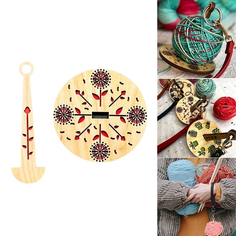 "Modern trähållare för garn i minimalistisk design, visar flera garnrullar i olika färger på en stabil träbas."