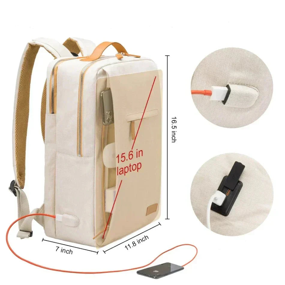 Mångsidig Nova ryggsäck i beige, anpassad för både resor och daglig användning, med laptopfack.