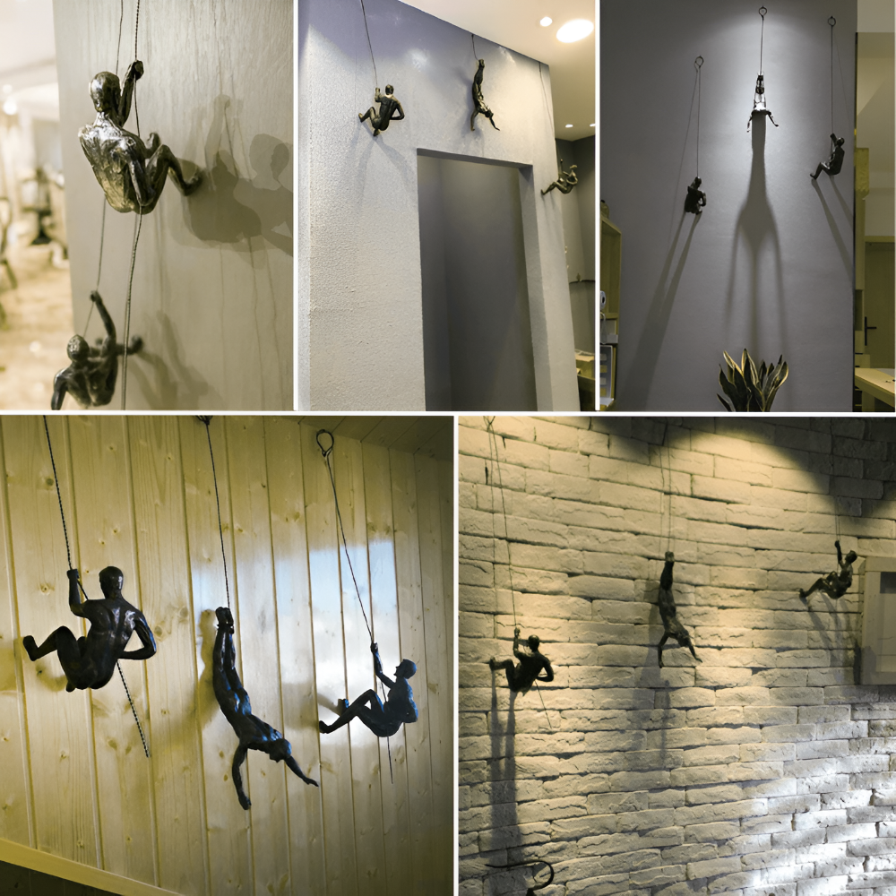 Dekorativ väggskulptur med klättrande män i resin, konstverk för elegant och modern inredning.