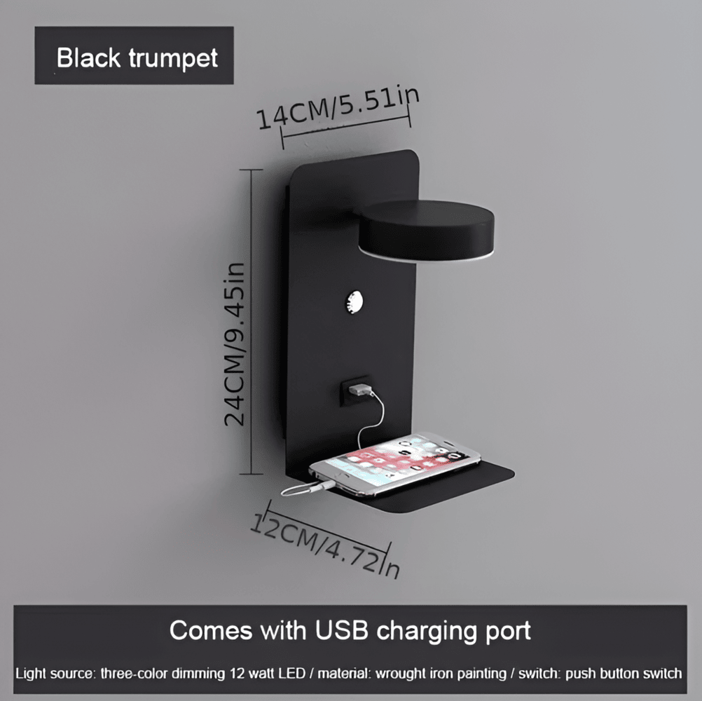 Snygg vägglampa med justerbar belysning och hylla för mobil/bok. LED-teknik och USB-laddningsfunktion.
