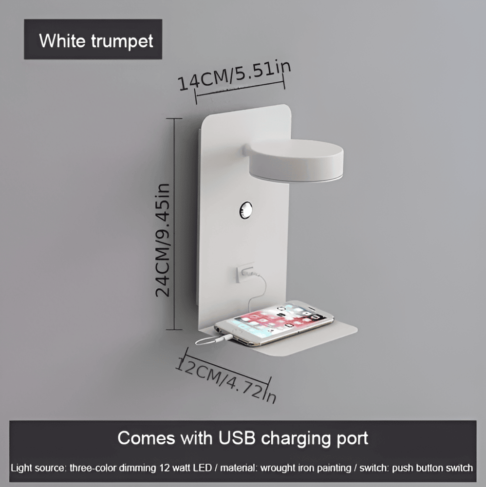 Minimalistisk vägglampa med inbyggd hylla, USB-laddare och riktbar LED-belysning. Perfekt som läslampa.