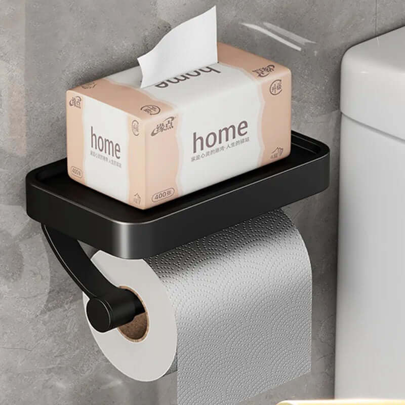 Modern badrumsförvaring: WC-pappershållare i rostfritt stål med hylla. Självhäftande & väggmonterad.