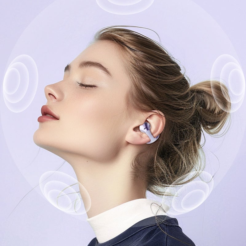 "Moderna Bluetooth-hörlurar med AI-översättning i elegant design, lila och grå, för optimal ljudkvalitet och språkstöd."