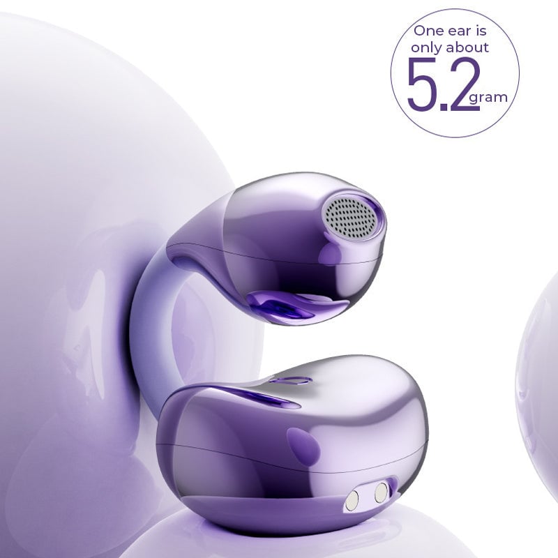 "Moderna Bluetooth-hörlurar med AI-översättning i elegant design, lila och grå, för optimal ljudkvalitet och språkstöd."