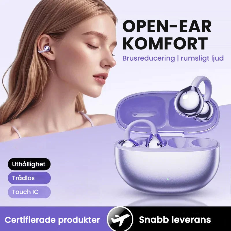 "Moderna Bluetooth-hörlurar med AI-översättning i elegant design, lila och grå, för optimal ljudkvalitet och språkstöd."