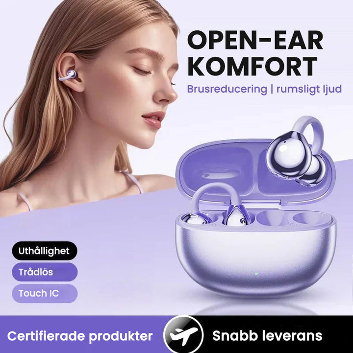 "Moderna Bluetooth-hörlurar med AI-översättning i elegant design, lila och grå, för optimal ljudkvalitet och språkstöd."