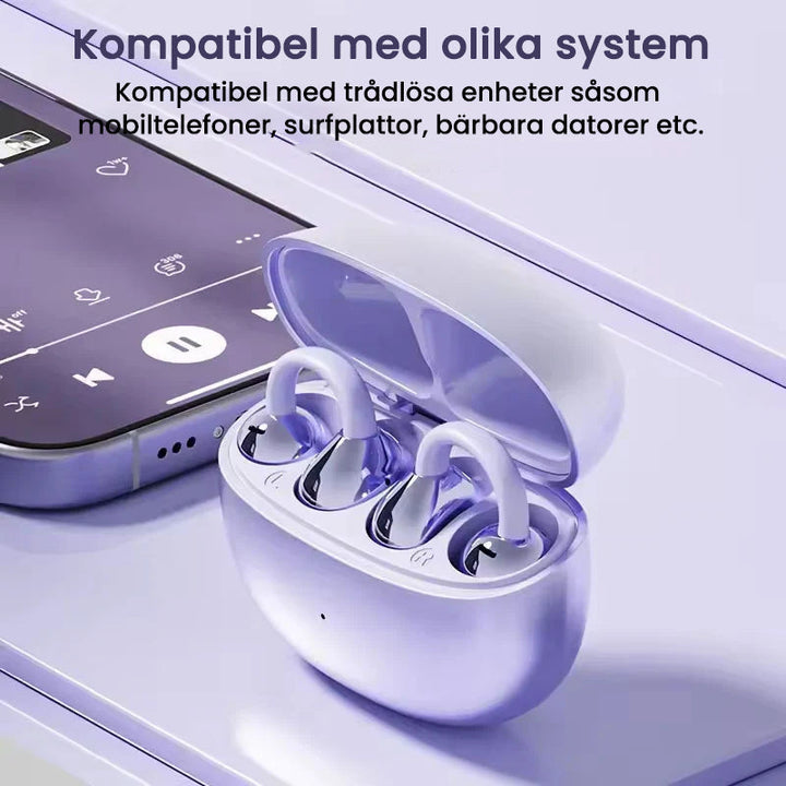 "Moderna Bluetooth-hörlurar med AI-översättning i elegant design, lila och grå, för optimal ljudkvalitet och språkstöd."