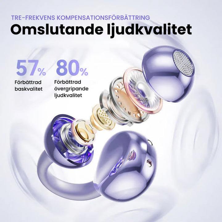 "Moderna Bluetooth-hörlurar med AI-översättning i elegant design, lila och grå, för optimal ljudkvalitet och språkstöd."