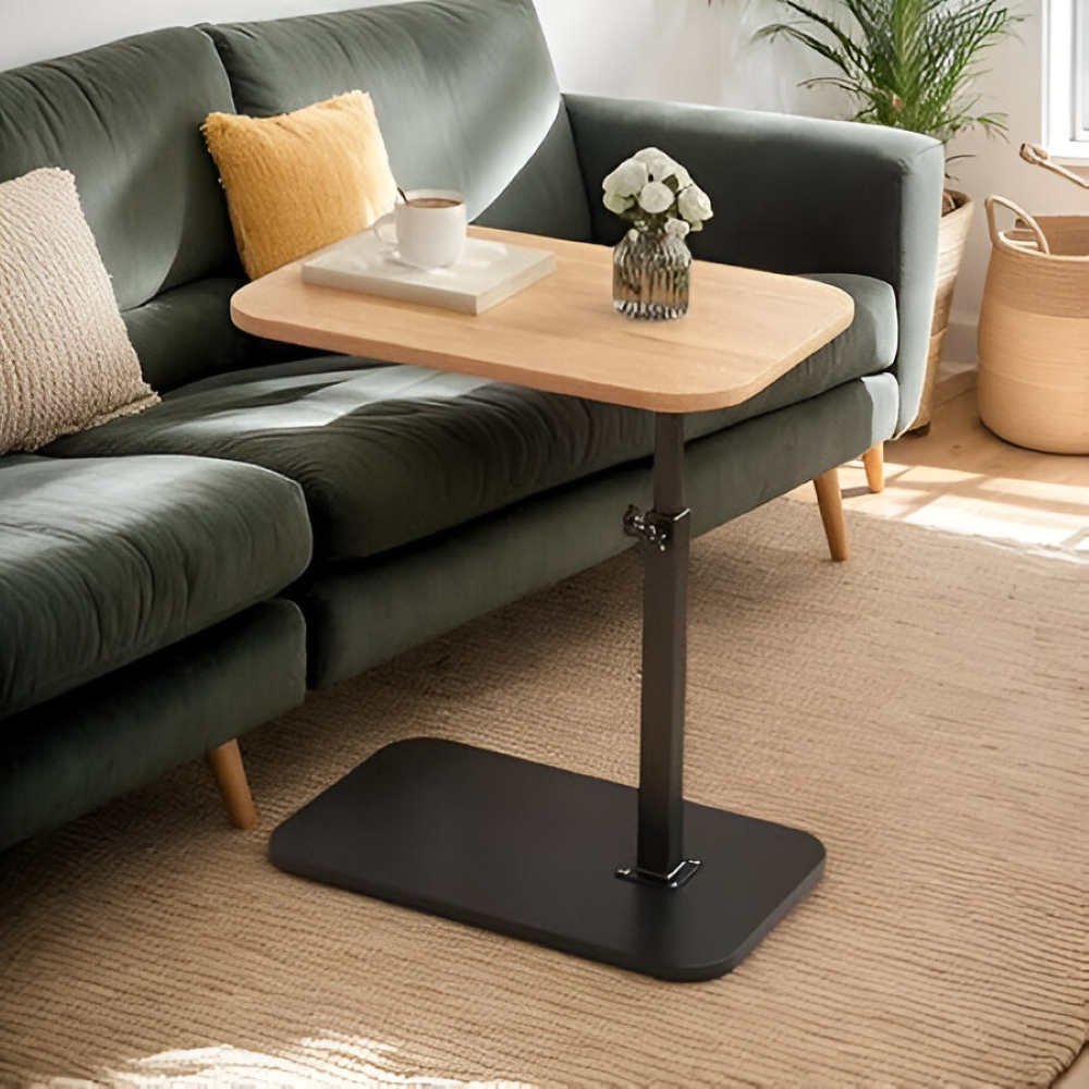 Smart sidobord, höj- och sänkbart, sparar plats och passar i små utrymmen.