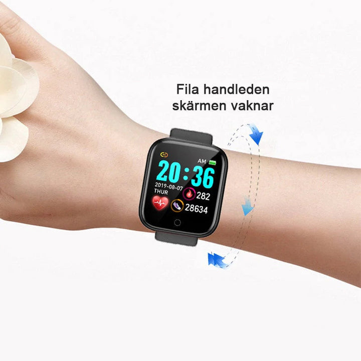 "Modernt IP67-vattentätt aktivitetsarmband i elegant svart design med pekskärm, perfekt för aktiv livsstil och hälsa."
