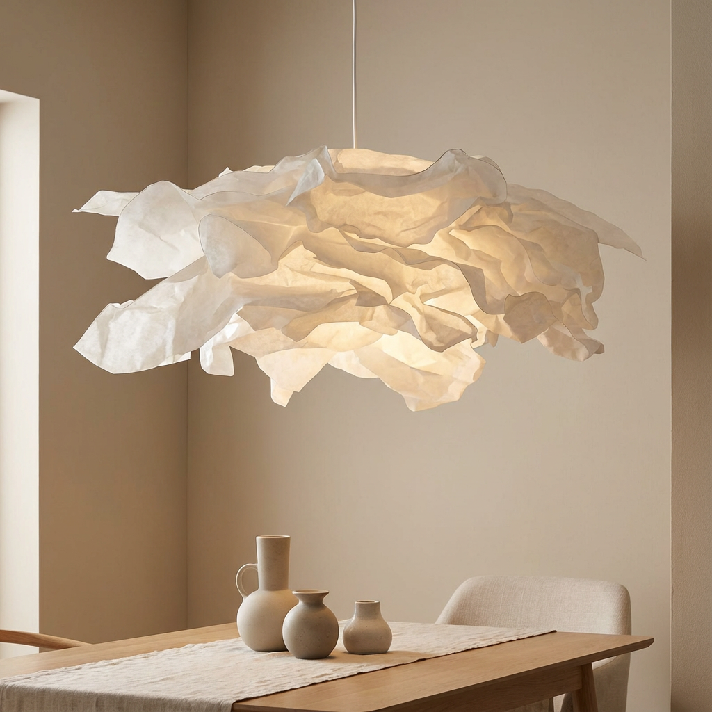Vit molnlampa i japanskt papper ger drömlik, mysig glöd. Organisk designlampa för stilren takbelysning i hemmet.