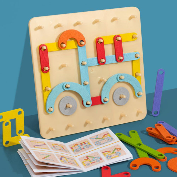 "Montessori pegboard pussel i trä, färgglada bitar i olika former, pedagogisk leksak för barns kreativitet och lärande."