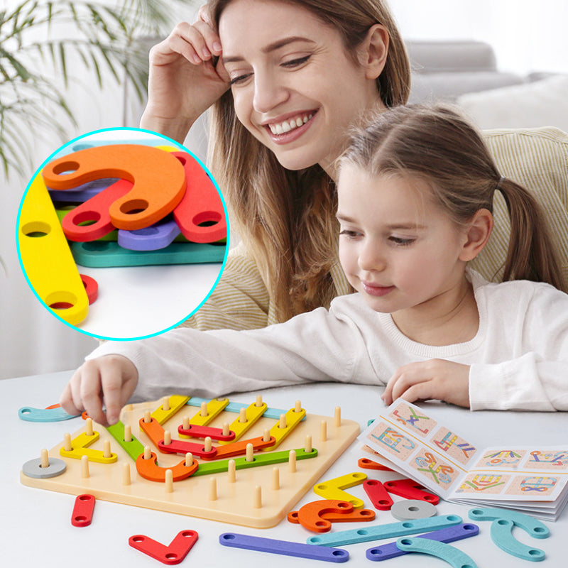 "Montessori pegboard pussel i trä, färgglada bitar i olika former, pedagogisk leksak för barns kreativitet och lärande."
