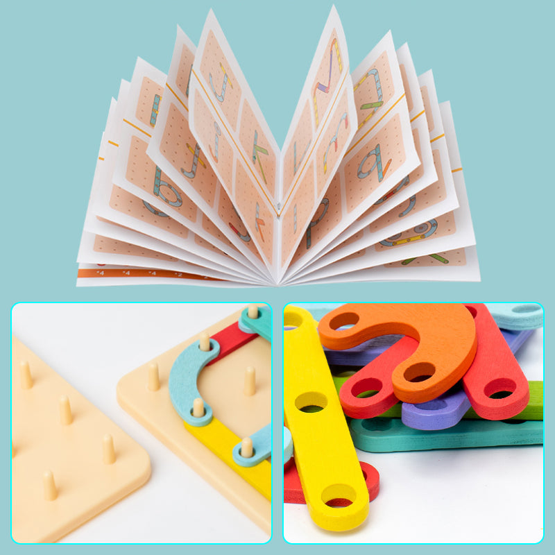 "Montessori pegboard pussel i trä, färgglada bitar i olika former, pedagogisk leksak för barns kreativitet och lärande."