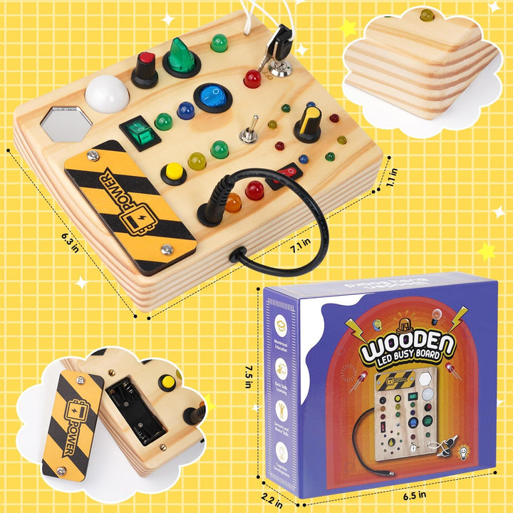 Småbarn leker med Montessori prickbord, trycker på knappar och ser ljus tändas. Utvecklar finmotorik.