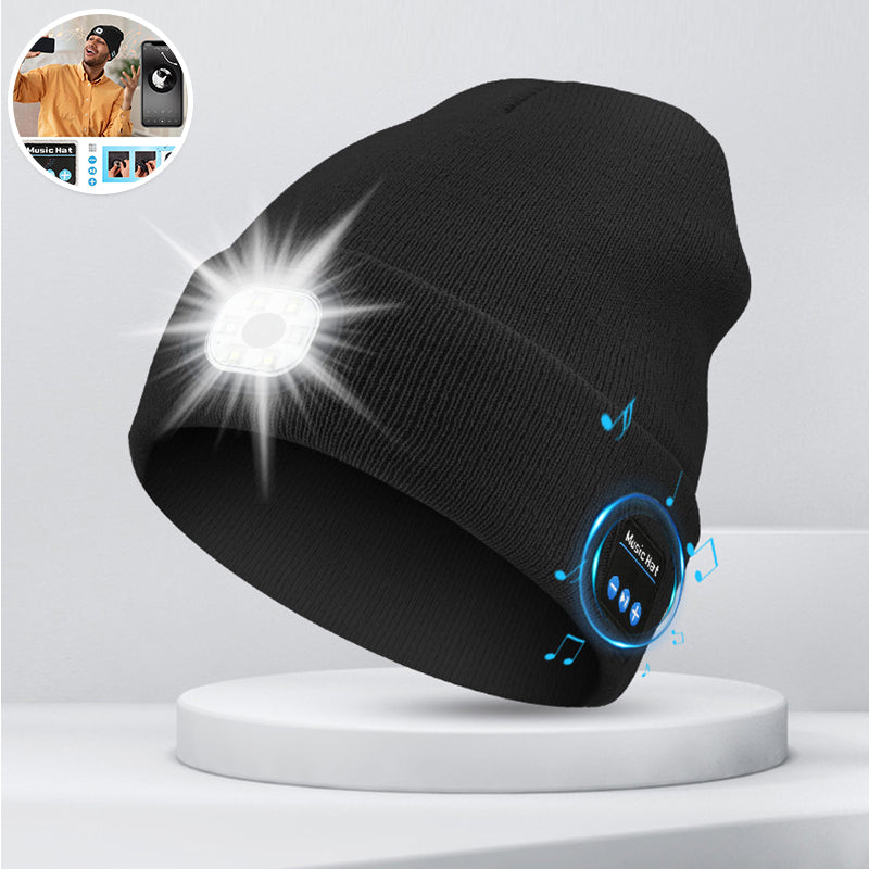 "Mörkgrå unisex Bluetooth-mössa med LED, integrerade högtalare, stil, teknik och värme i samma accessoar."