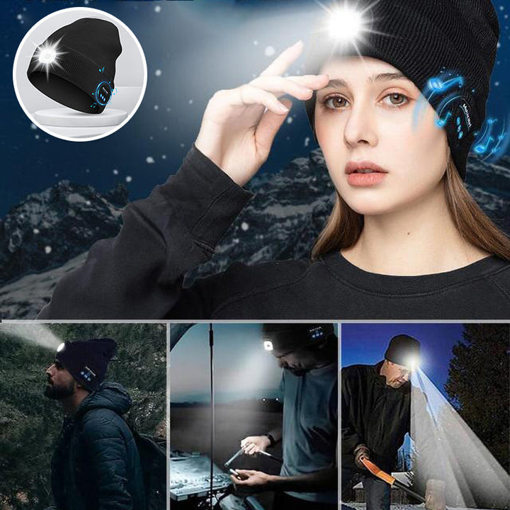 "Mörkgrå unisex Bluetooth-mössa med LED, integrerade högtalare, stil, teknik och värme i samma accessoar."