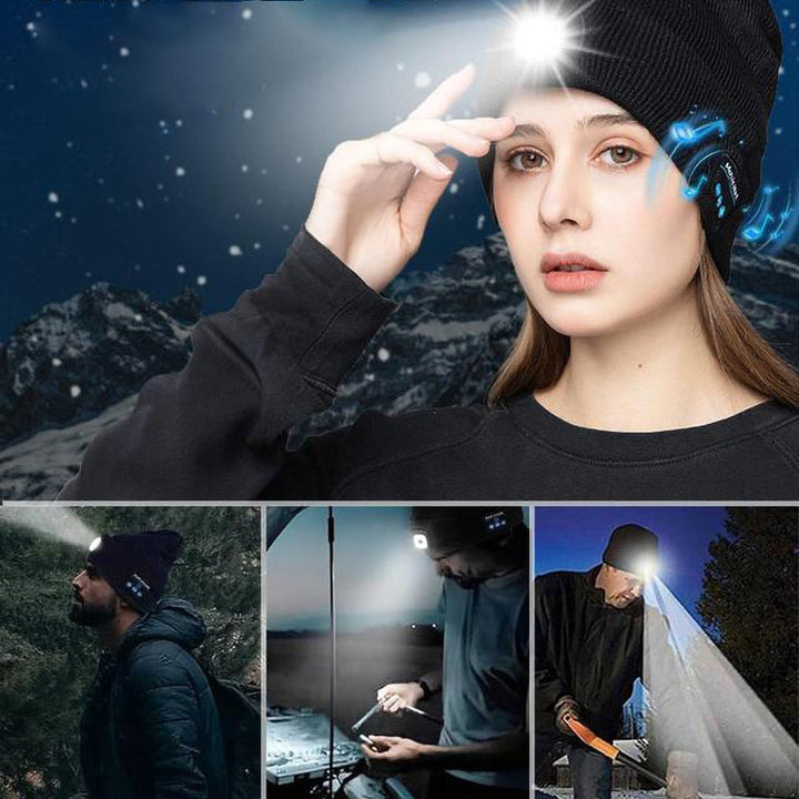 "Mörkgrå unisex Bluetooth-mössa med LED, integrerade högtalare, stil, teknik och värme i samma accessoar."