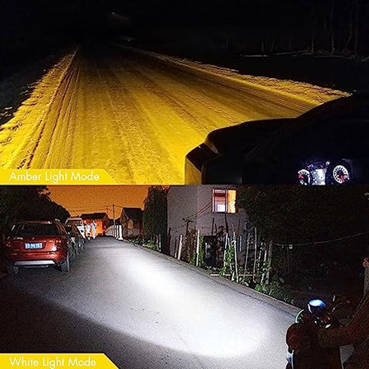"Motorcykel LED extraljus med dubbelfärgad stråle, kompakt design i gult och vitt, optimal synlighet i alla väder."