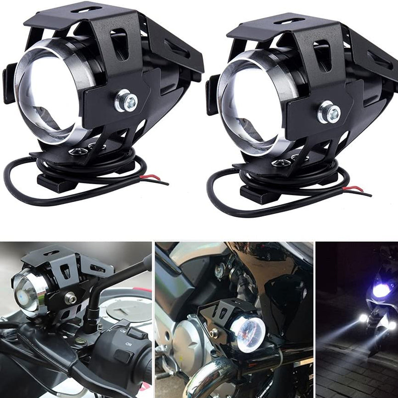 "Motorcykel LED extraljus med dubbelfärgad stråle, kompakt design i gult och vitt, optimal synlighet i alla väder."