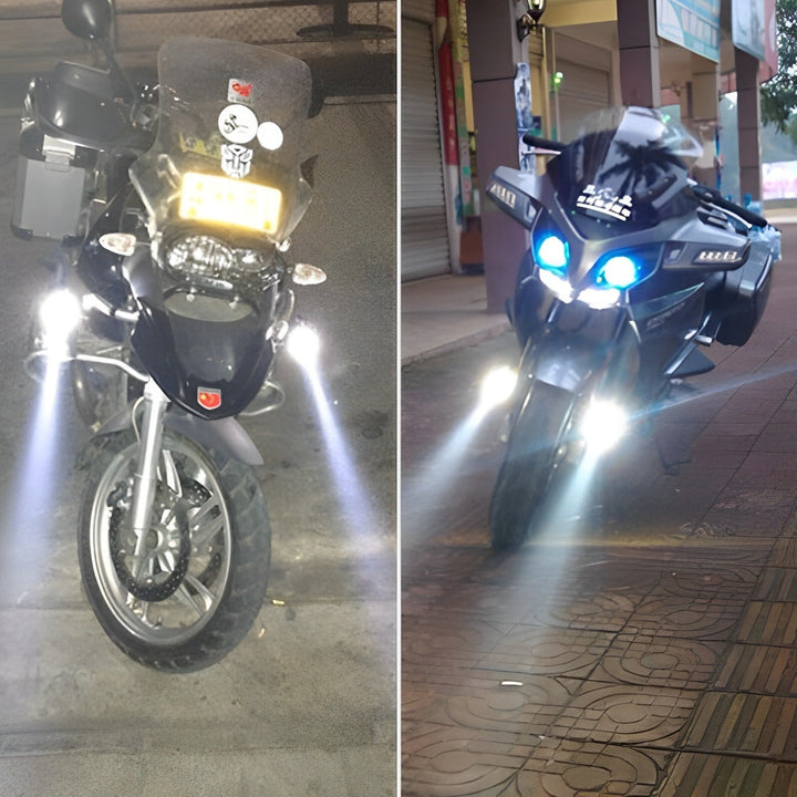 "Motorcykel LED extraljus med dubbelfärgad stråle, kompakt design i gult och vitt, optimal synlighet i alla väder."