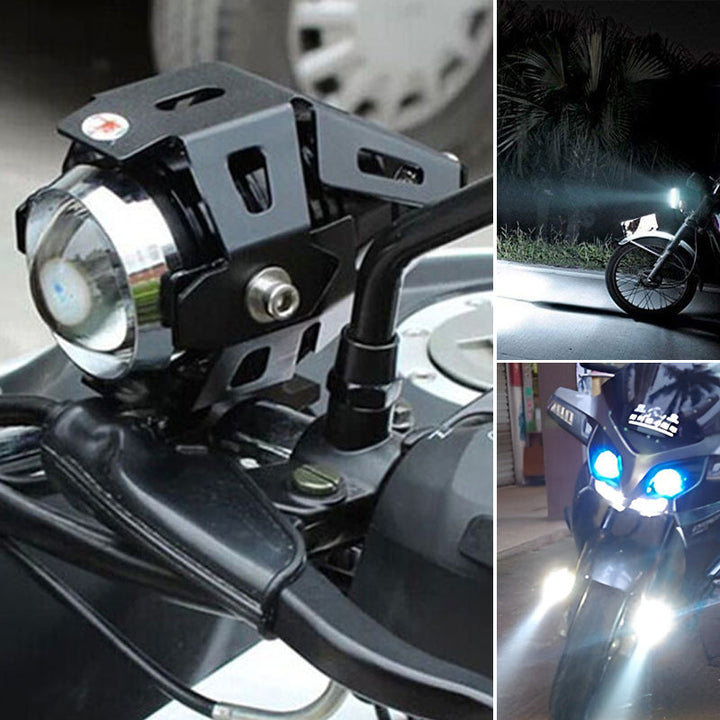 "Motorcykel LED extraljus med dubbelfärgad stråle, kompakt design i gult och vitt, optimal synlighet i alla väder."