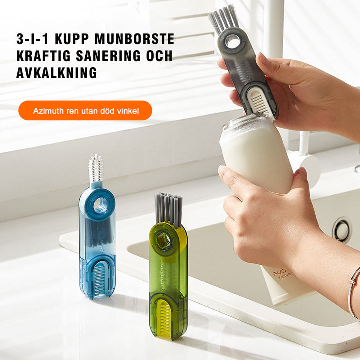 "Multifunktionell 3-i-1 rengöringsborste med unik karrotdesign, gröna toner, perfekt för muggar och flaskor i köket."