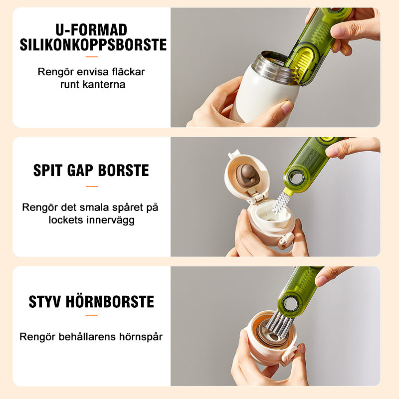 "Multifunktionell 3-i-1 rengöringsborste med unik karrotdesign, gröna toner, perfekt för muggar och flaskor i köket."