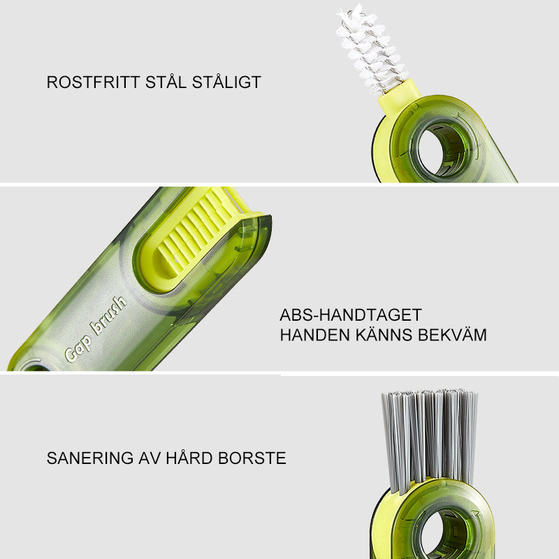 "Multifunktionell 3-i-1 rengöringsborste med unik karrotdesign, gröna toner, perfekt för muggar och flaskor i köket."