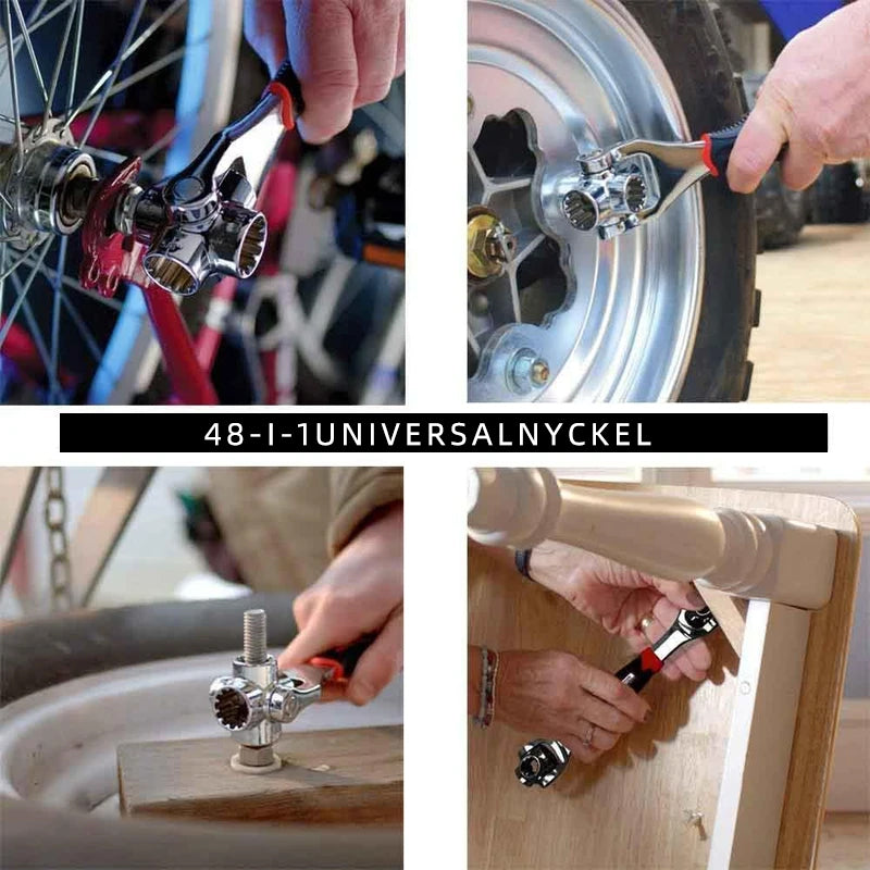 "Multifunktionell 48-i-1 universalnyckel för hemma- och arbetsprojekt, med 45° vertikal design och 360° roterande huvud."