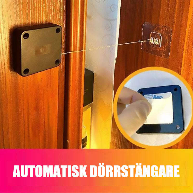 "Multifunktionell automatisk dörrstängare i svart/vit, stilren design, hålfri installation, perfekta för hem och kontor."